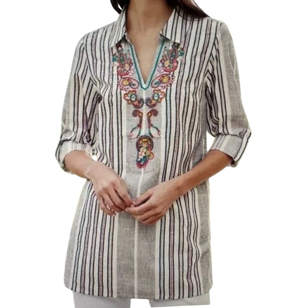 Soft Surroundings Embroidered Cotton Tunic M Brookhaven‎ Aruba Floral Longline